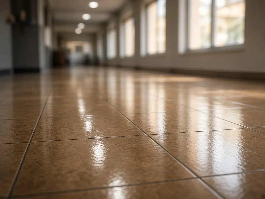 High-gloss burnished commercial floor in a long hallway reflecting window light